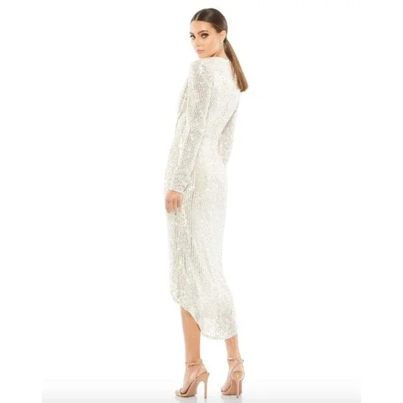 NWT Ieena Mac Duggal 26549 Sequin Knotted Long Sleeve Midi Dress 6 Nude Silver - Picture 2 of 5